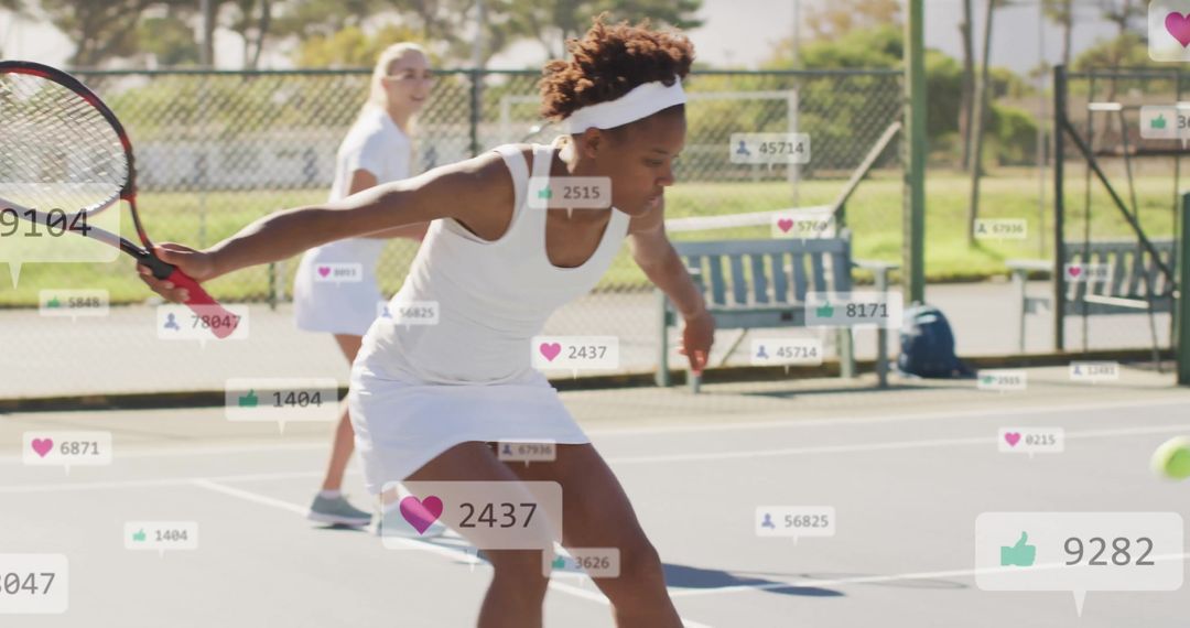 Dynamic Tennis Player Returning Shot on Court with Social Engagement Icons