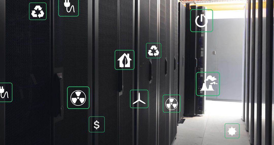 Ecology Icons Overlaying Modern Server Room Concept