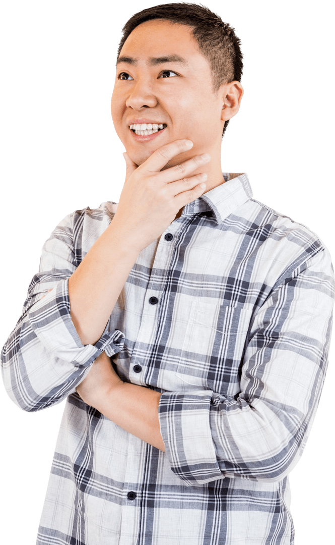 Smiling Asian Male Pondering with Hand on Chin Transparent Background
