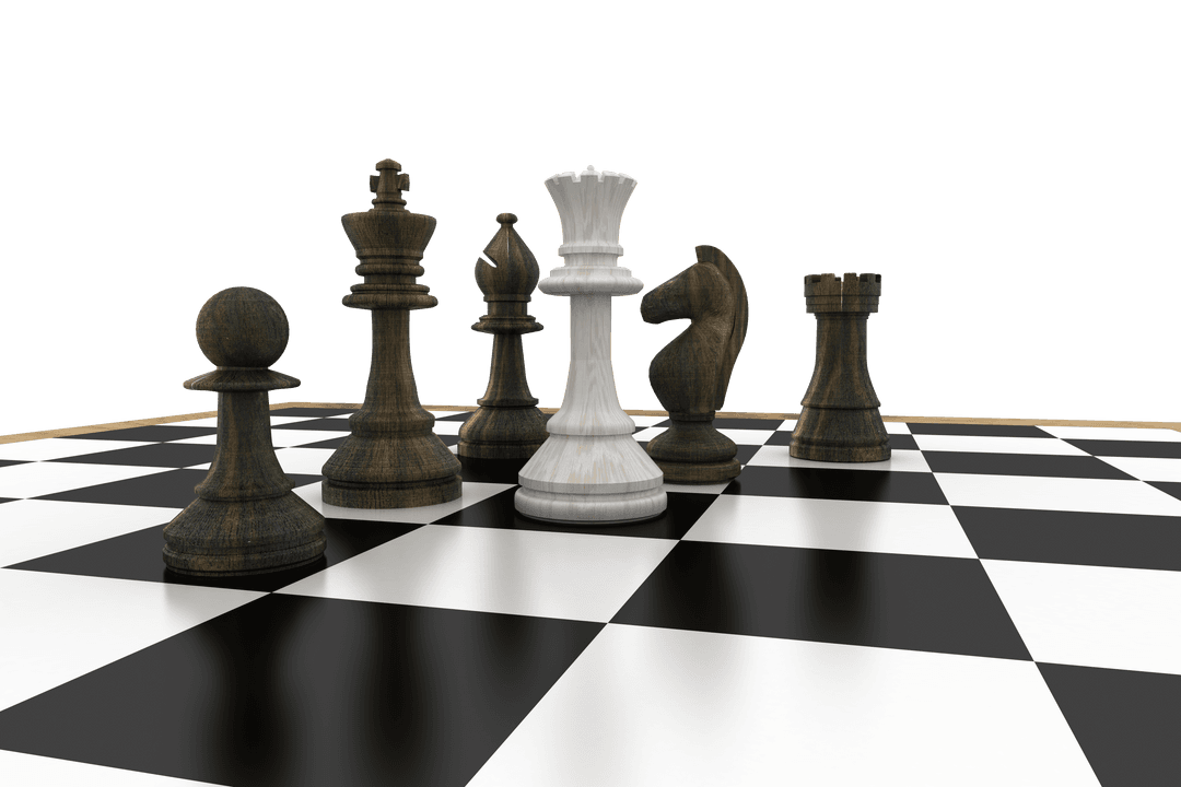 Transparent Chess Set: White Queen Surrounding Black Pieces