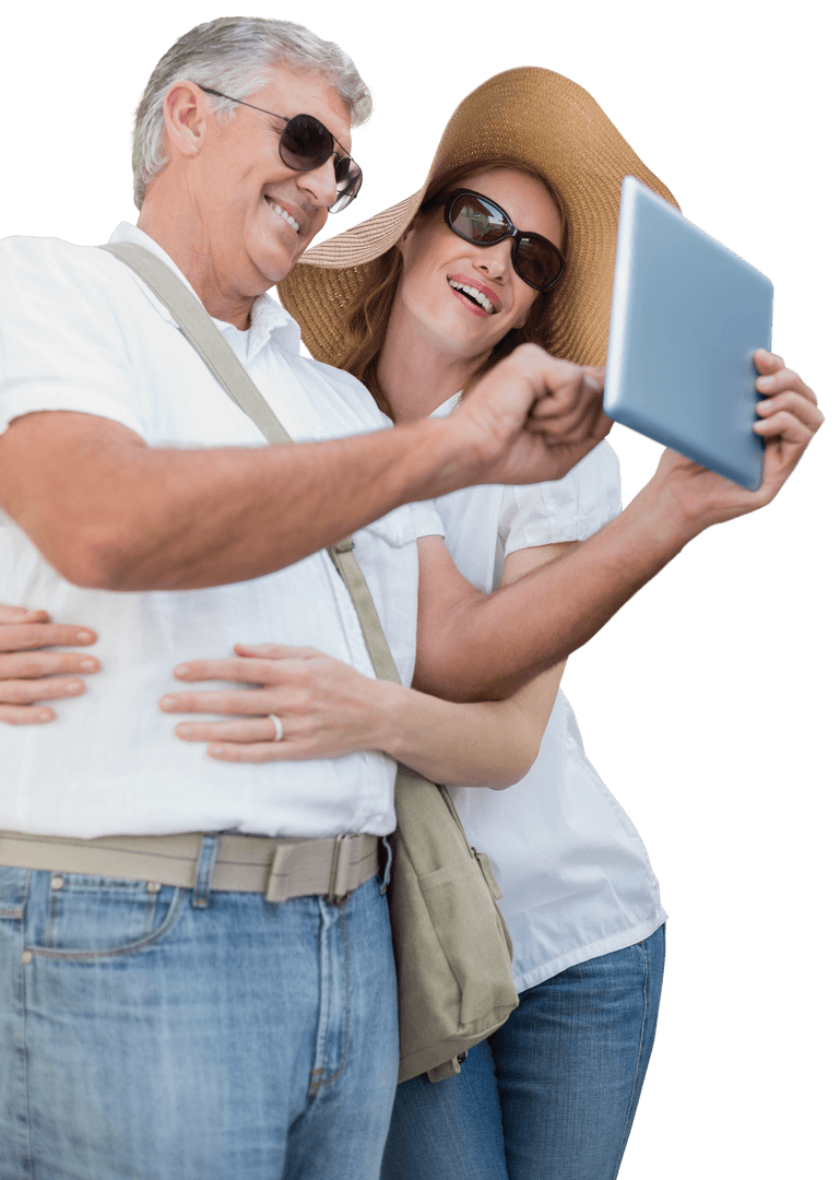 Senior Couple Using Tablet on Transparent Background