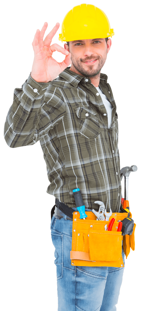 Transparent Background Smiling Handyman with Tools Making OK Gesture