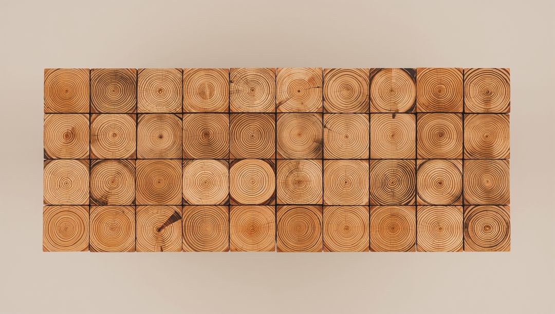 End-Grain Wood Block Grid Revealing Concentric Growth Rings and Natural Knots