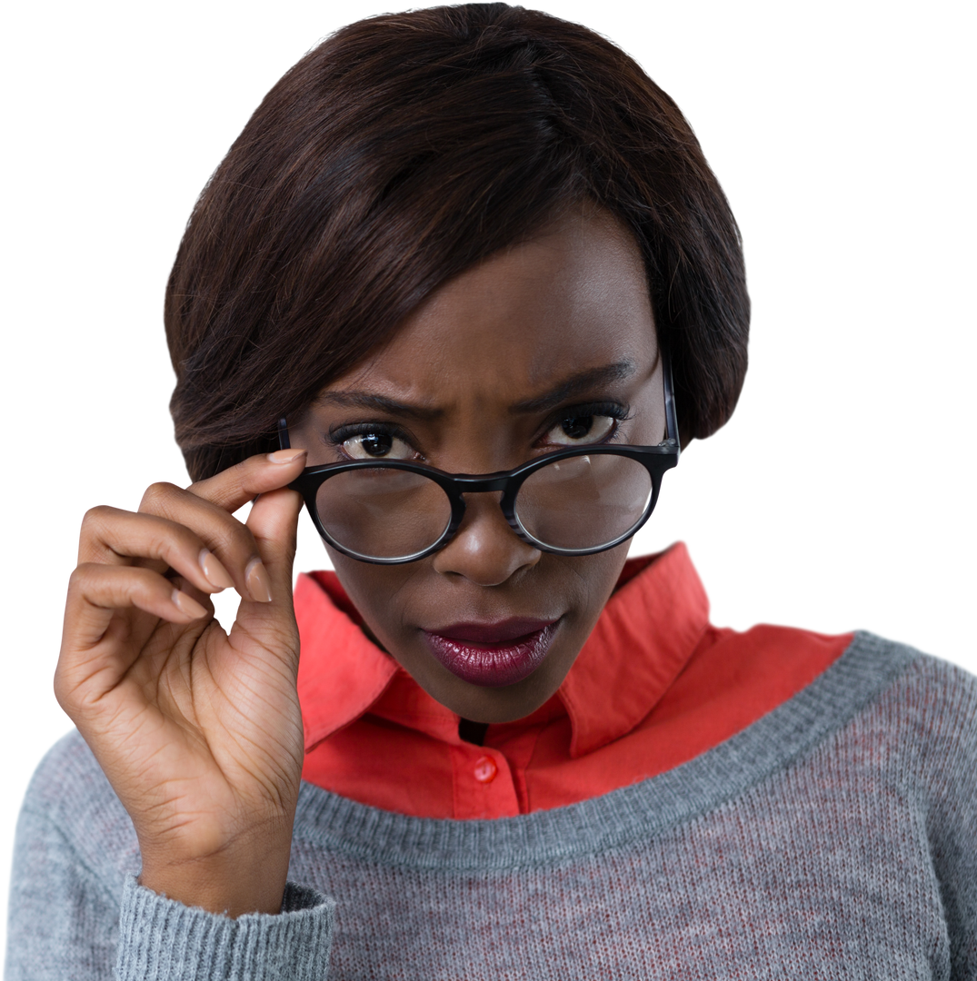 Young woman adjusting eyeglasses, looking focused in transparent background - Download Free Stock Images Pikwizard.com