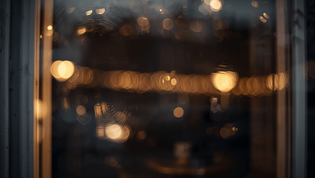 Moody window glass showing amber bokeh, circular smudges and soft reflections