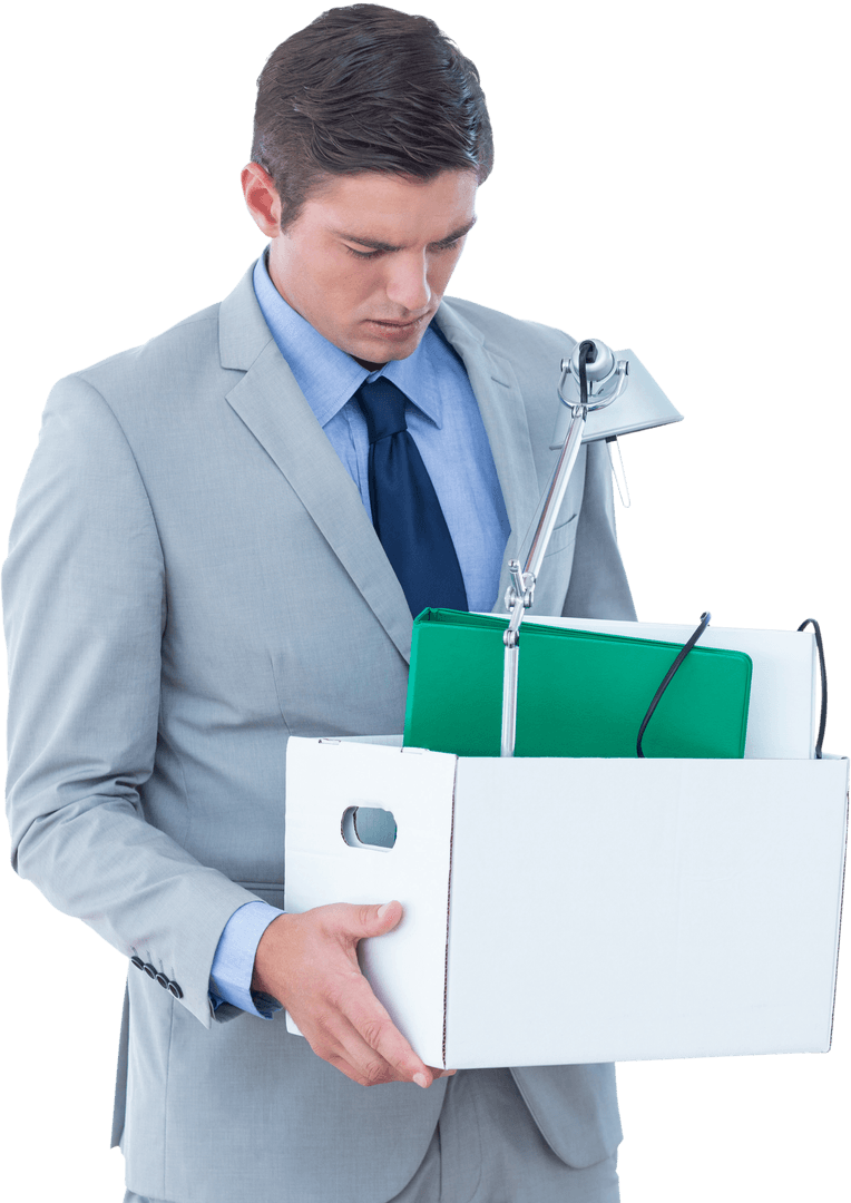 Transparent Background of Businessman Holding Box with Belongings