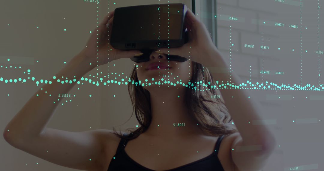 Woman Experiencing Virtual Reality Technology with Financial Data Overlay