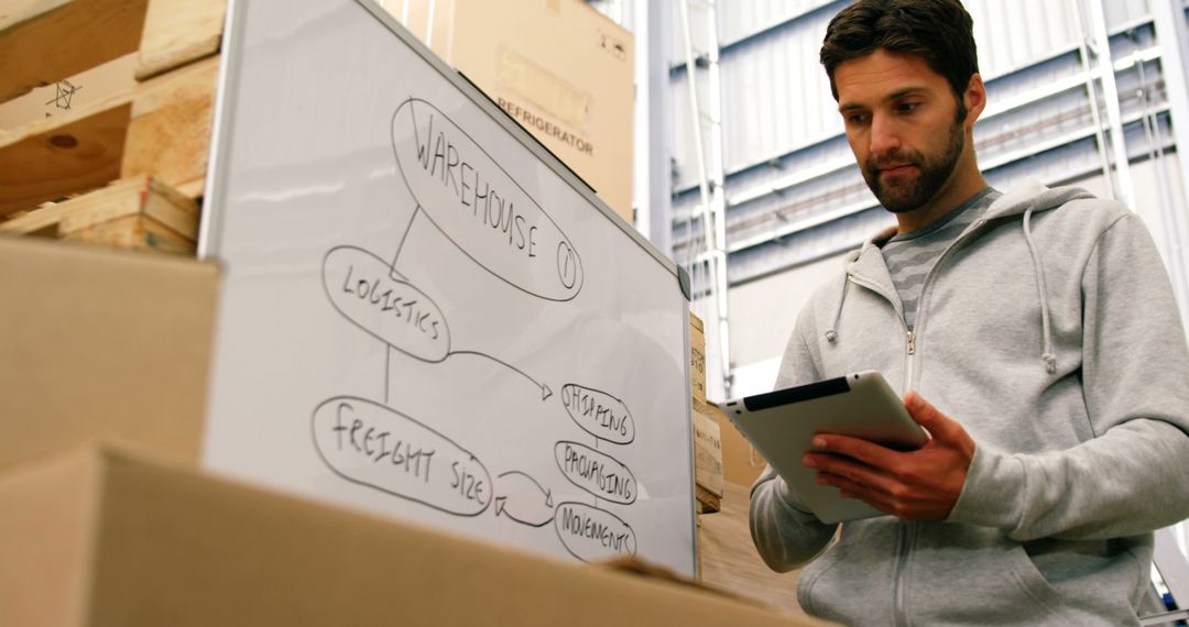 Warehouse Worker Analyzing Logistics on Tablet
