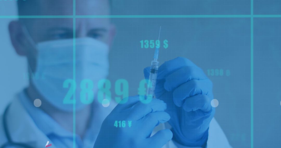 Doctor Holding Syringe with Overlay of Financial Data Innovation
