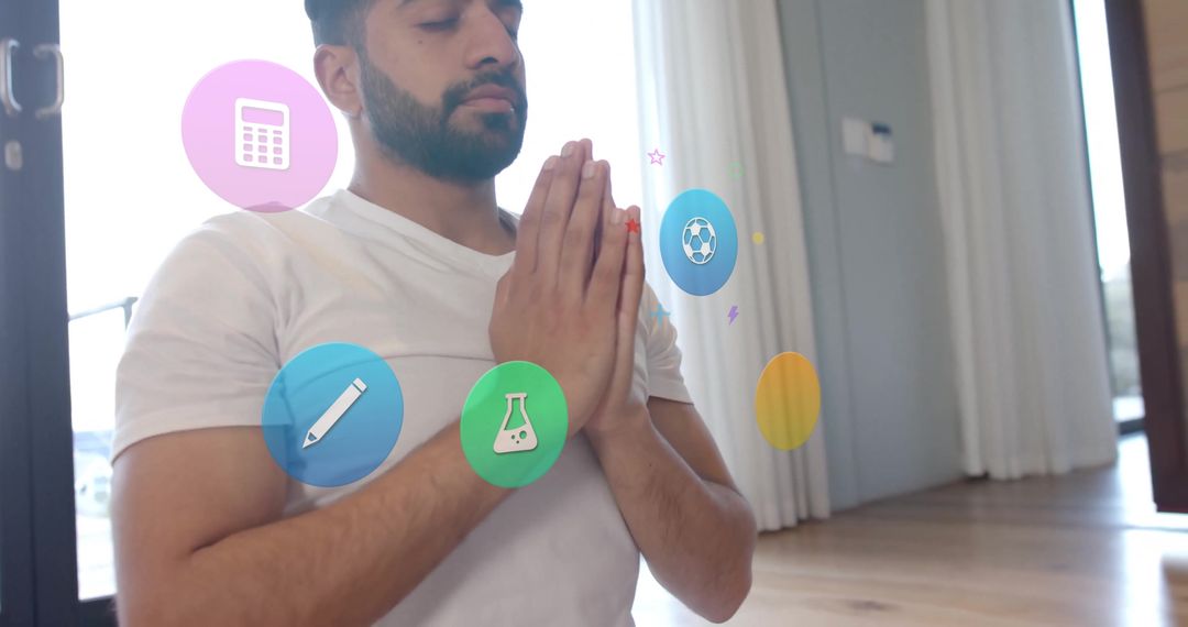 Man Meditating with Digital Interface and Media Icons