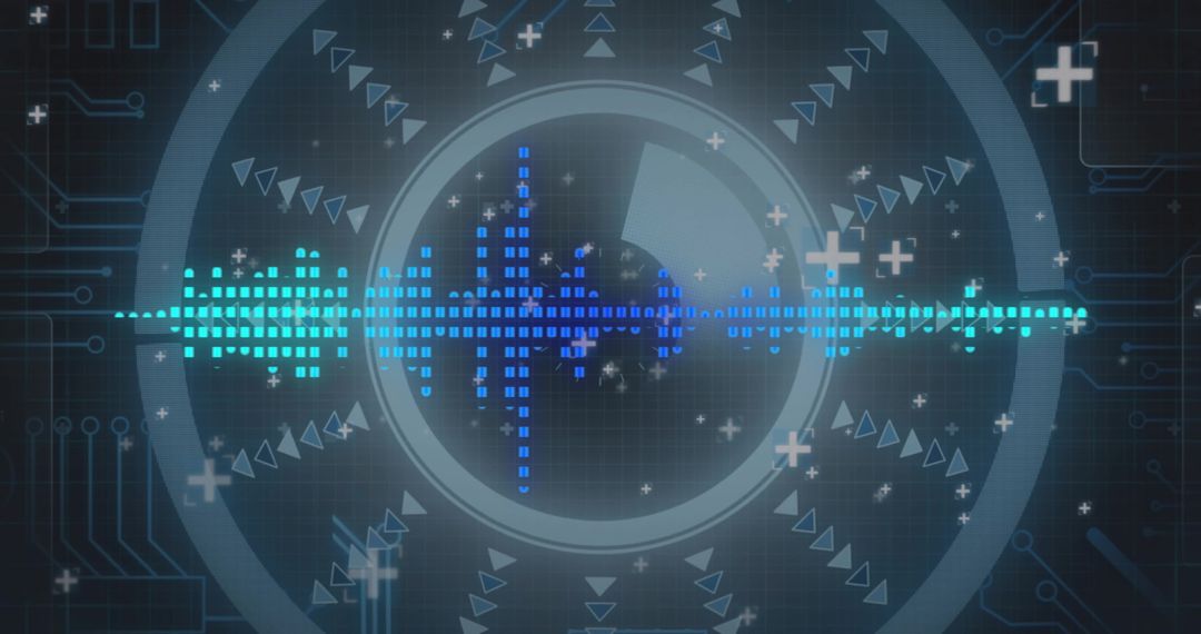 Neon Digital Waveform HUD with Futuristic Circuitry, Circular Interface and Data Grid