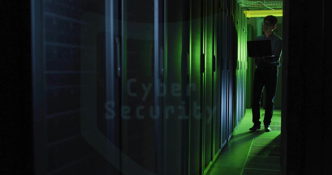 Technician Configuring Server Racks in LED Lit Corridor