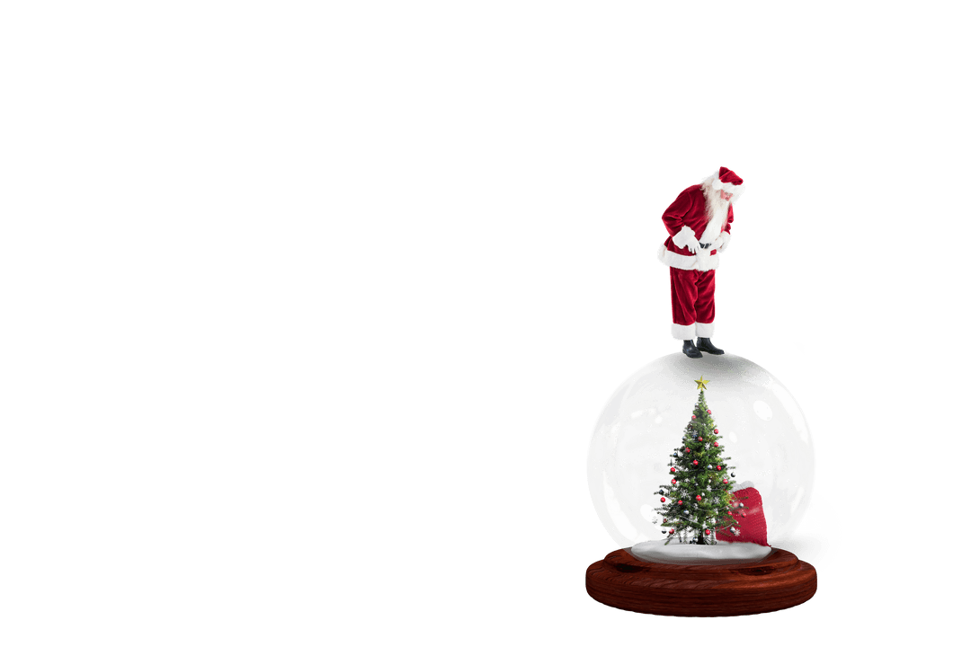 Santa Claus Standing on Transparent Snow Globe with Festive Scene