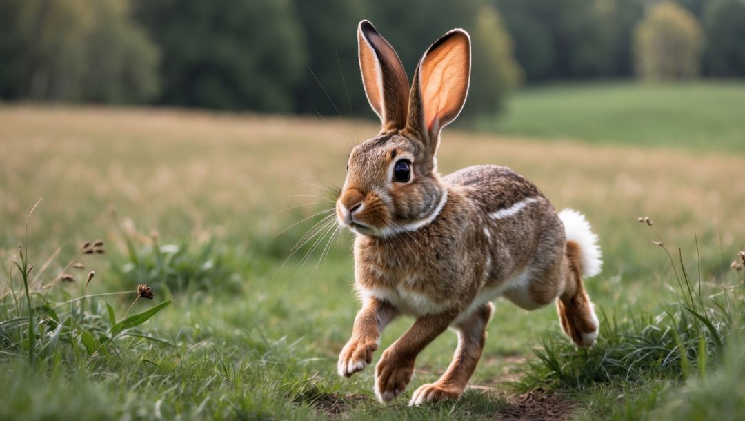 Joyful cottontail rabbit darting through vibrant green meadow