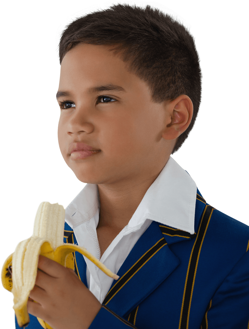 Schoolboy Eating Banana in Transparent Background