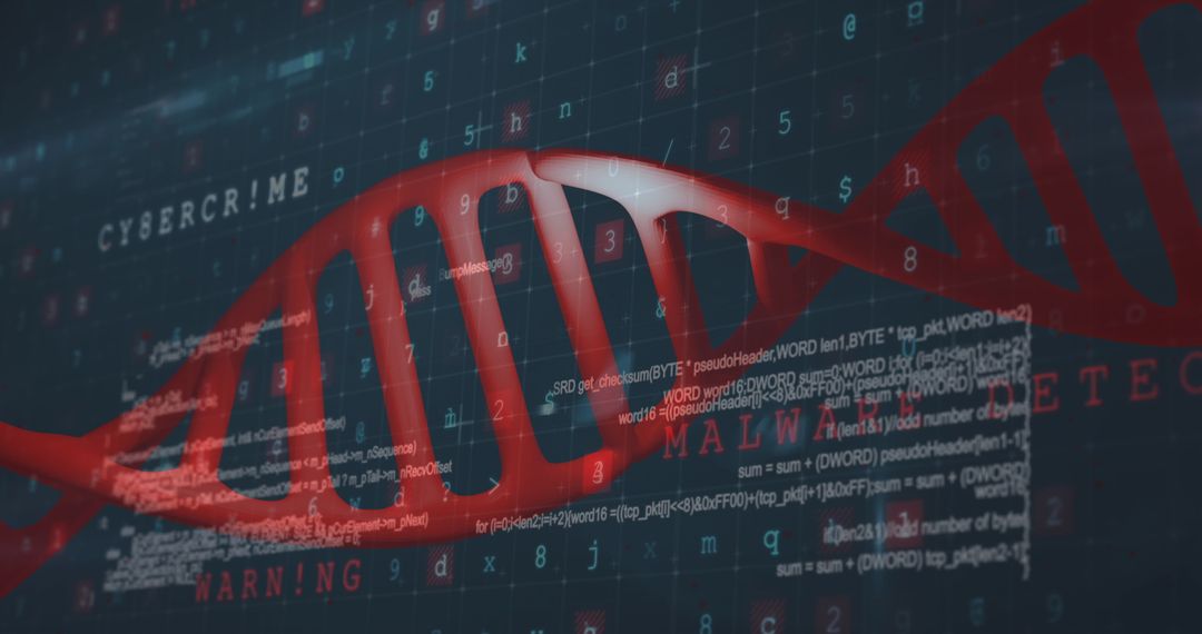 DNA Helix Overlaid with Digital Data Symbols