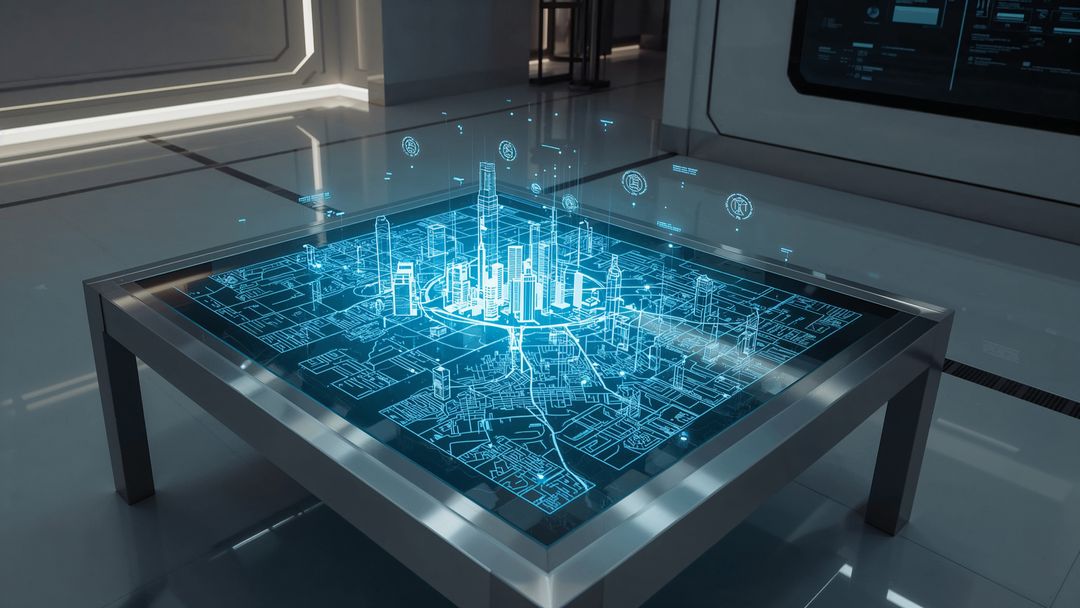 Futuristic Holographic City Layout in Modern Control Center