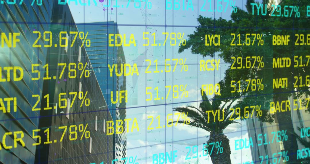 Financial Data Overlay with Modern City Skyscraper Reflection