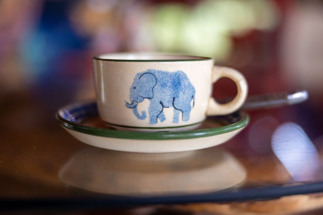 Artisan coffee cup with elephant motif design on saucer and spoon