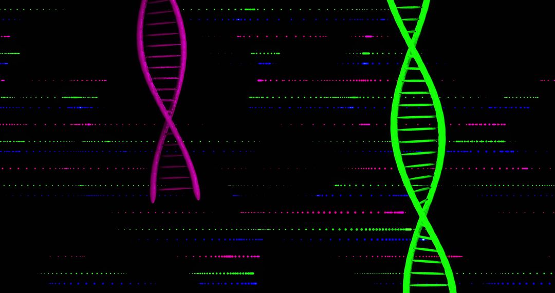 Neon DNA Helix Visualization with Glitch Data Lines, Cyberpunk Genetic Technology
