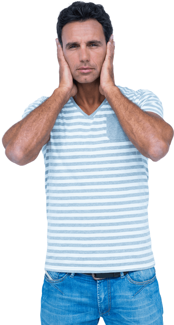 Transparent Portrait of Man Covering Ears