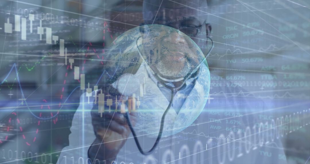 Doctor Using Stethoscope with Holographic Earth and Data Overlays