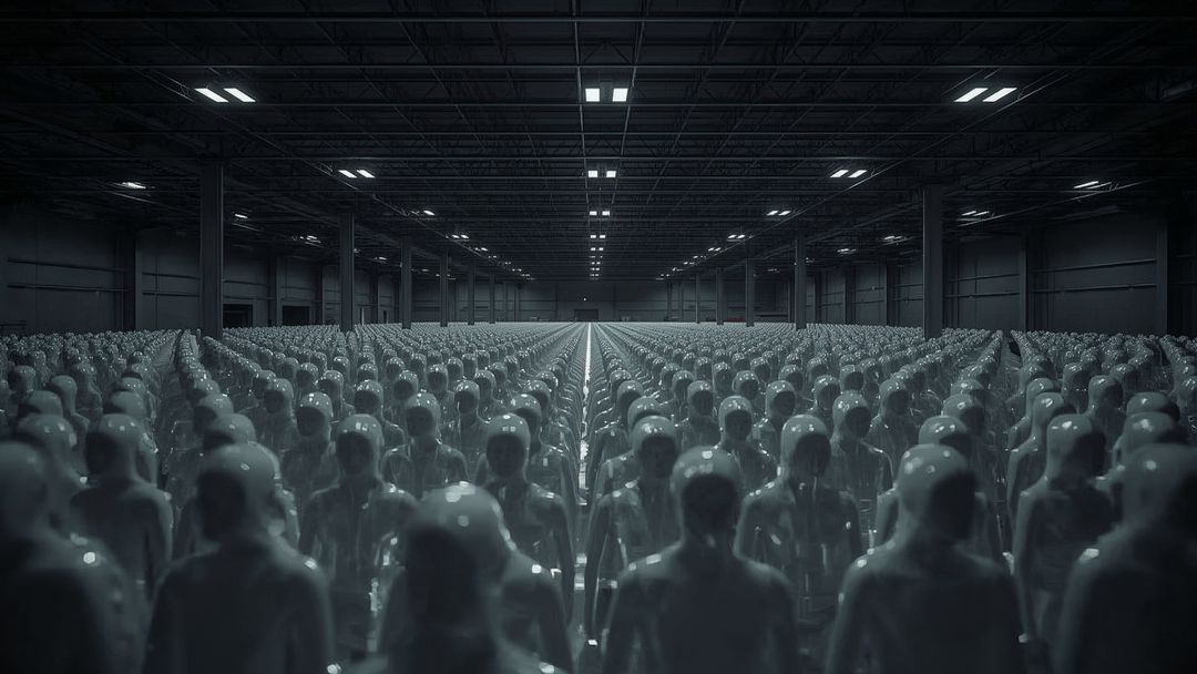 Rows of Identical Mannequins in Massive Industrial Warehouse