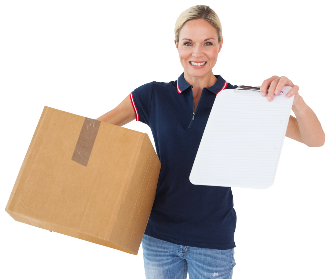 Happy Delivery Person Holding Cardboard Box with Clipboard - Download Free Stock Images Pikwizard.com