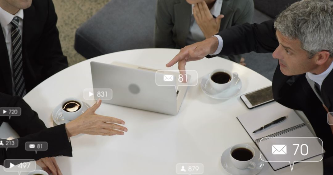 Business Team Discussing Digital Notifications with Data Overlays