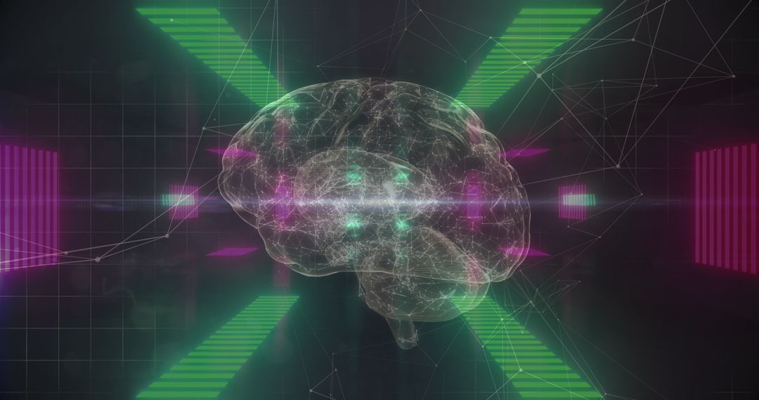Digital Brain with Neon Connections in Futuristic Landscape