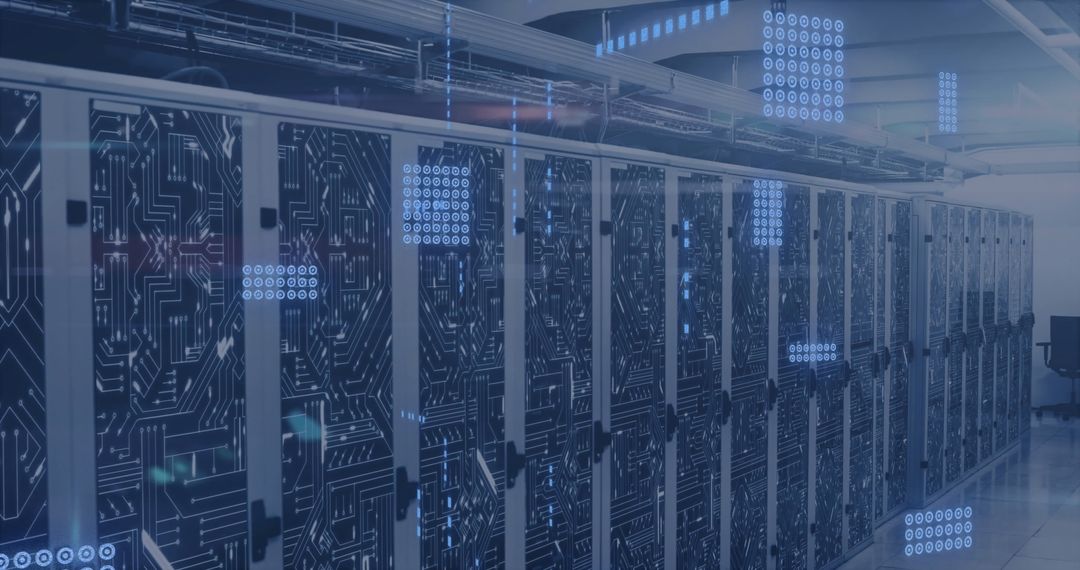 Futuristic Data Center with Digital Circuit Overlay Concept