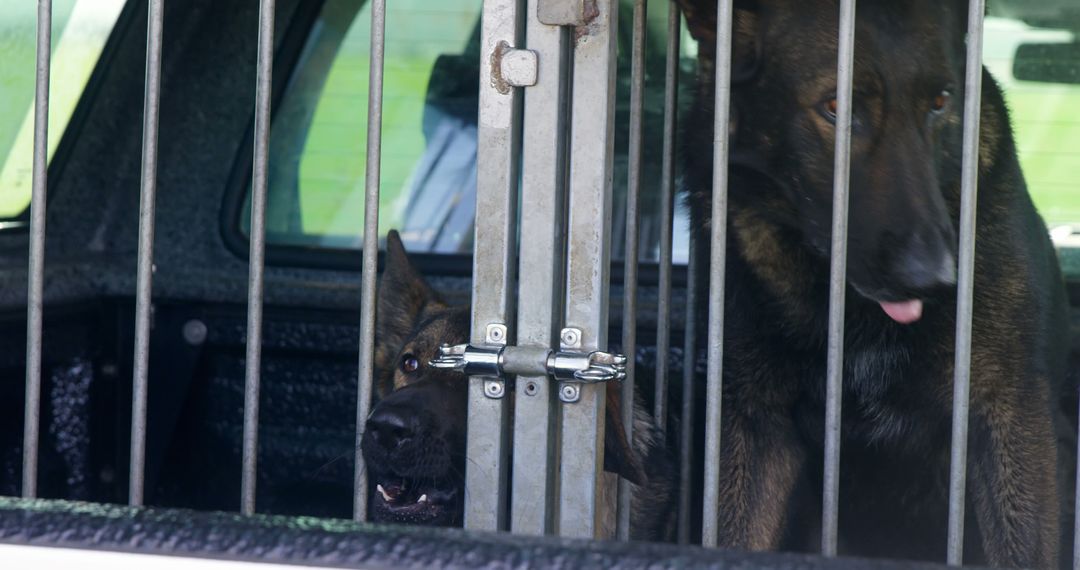 Two Police Dogs in a Secure Kennel Inside a Patrol Vehicle - Free Images, Stock Photos and Pictures on Pikwizard.com