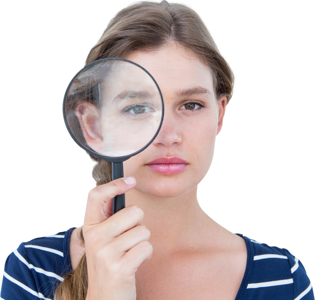 Transparent woman holding magnifying glass emphasizing eye facial expressions clarity - Download Free Stock Images Pikwizard.com