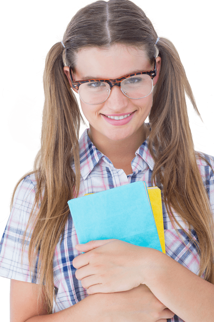 Transparent Hipster Girl Smiling While Holding Books