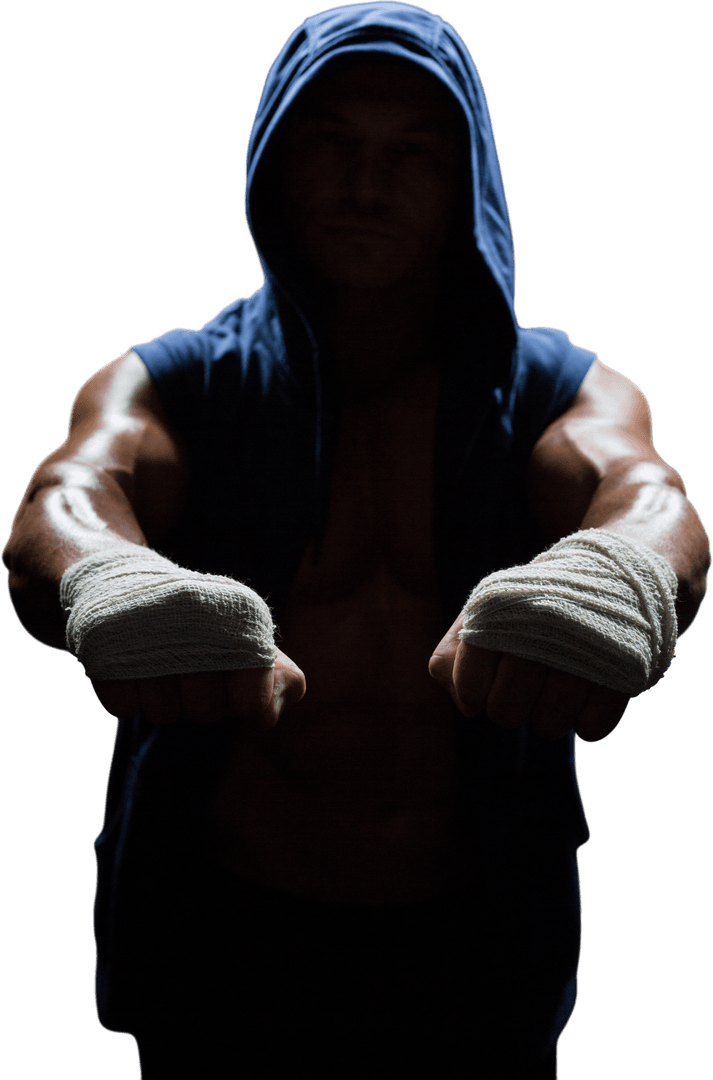 Transparent Boxer in Hoodie Showing Confidence with Raised Fists
