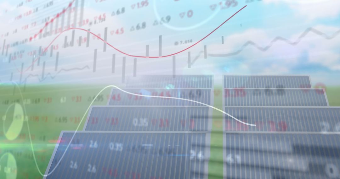 Solar Panels and Financial Data Overlay Reflecting Global Green Economy