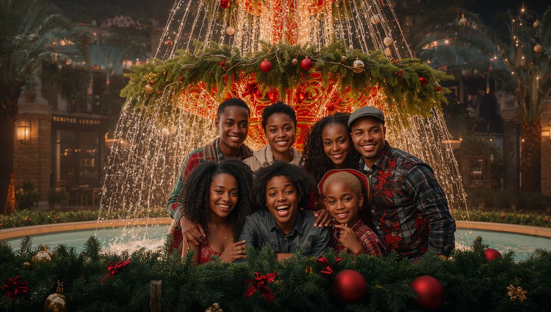 Festive Holiday Portrait of Family in Illuminated Grand Atrium