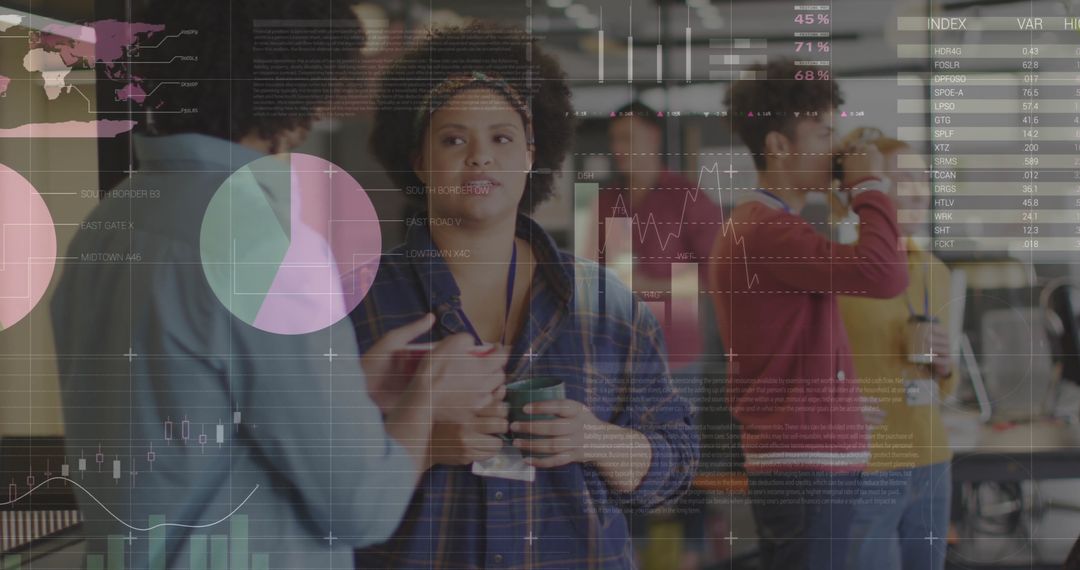 Business Team Collaborating with Digital Finance Interface Overlay