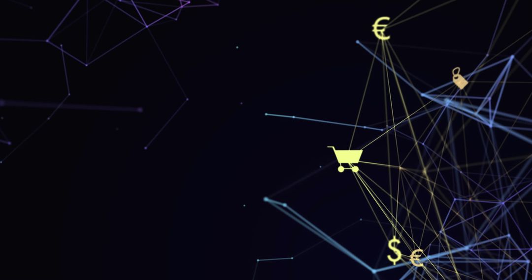 Glowing Digital Icons and Network Against Dark Background