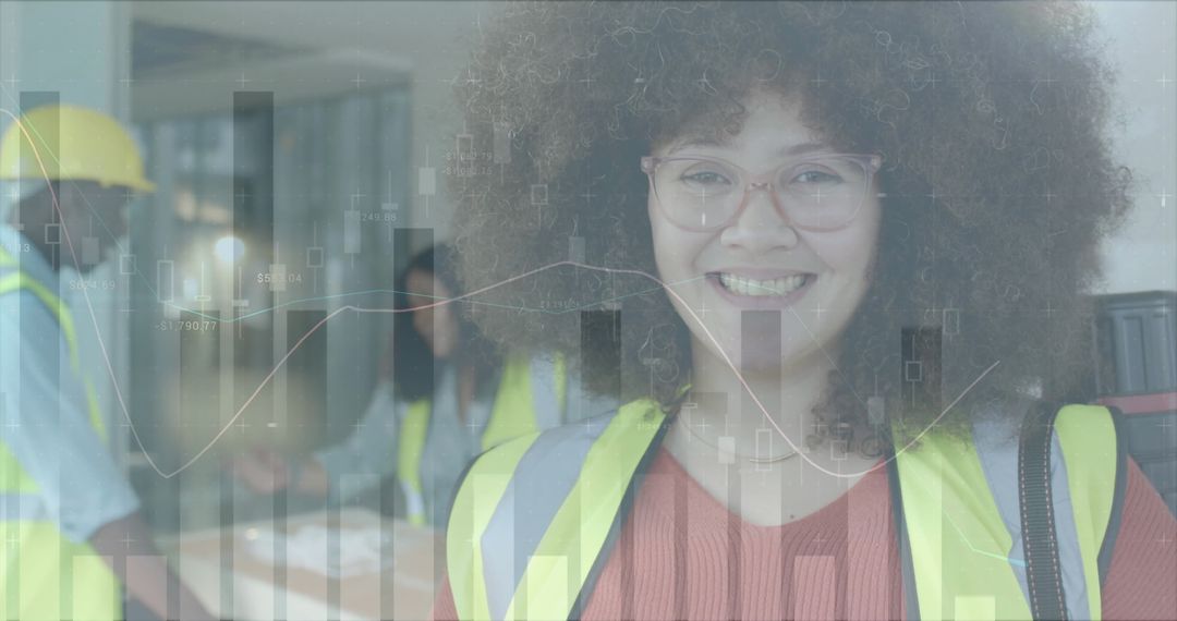 Smiling Female Engineer with Digital Data Overlay in Office