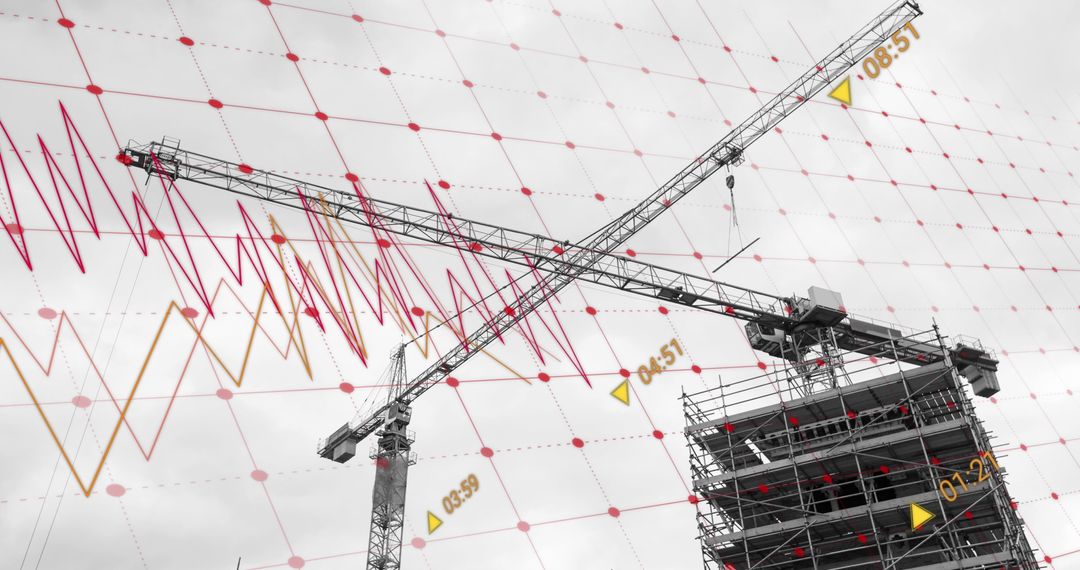 Cranes and Construction Overlaid with Financial Data Graphics