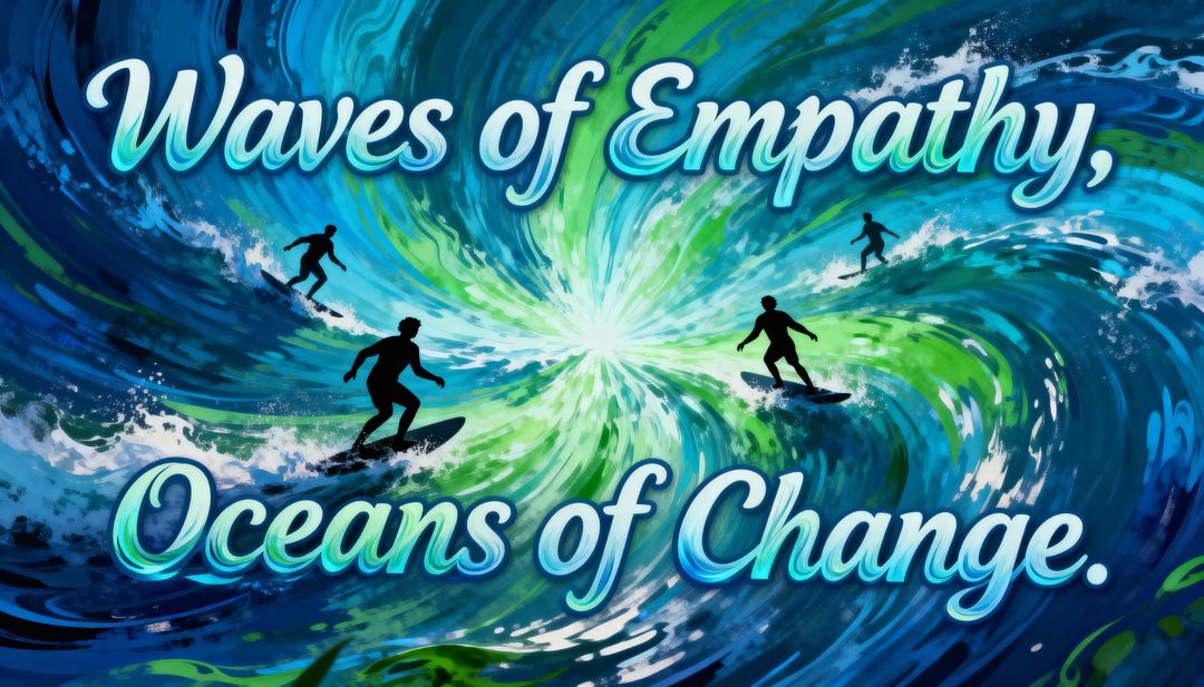 Surfers Riding Green-Blue Vortex Waves With Waves of Empathy Oceans of Change Typography