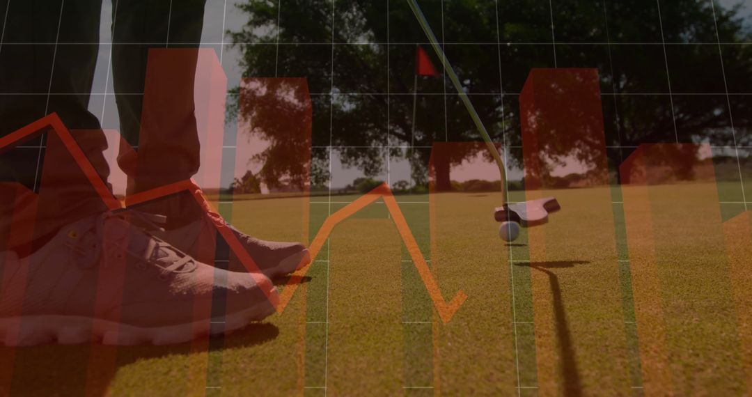 Golfer Lining Up Putt on Green with Financial Data Overlay