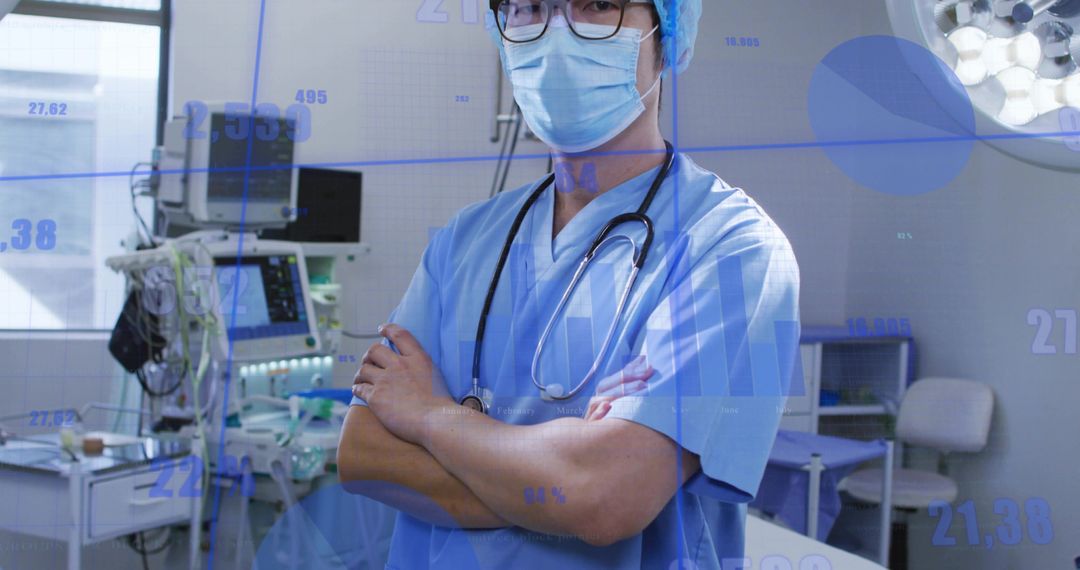 Surgeon standing with arms crossed in high-tech operating room monitoring data overlay