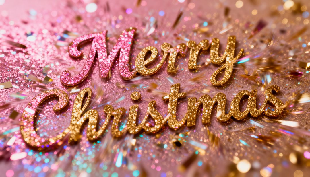Glittering Merry Christmas script on pink tinsel with gold confetti and iridescent sparkle