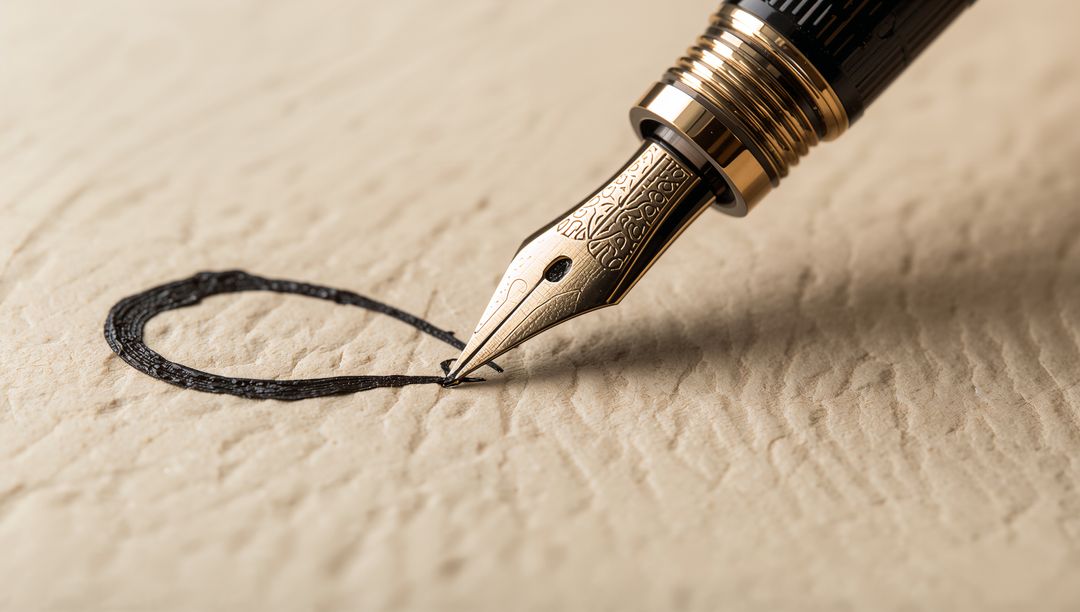 Fountain pen nib drawing elegant black ink loop on textured cream paper with gold trim