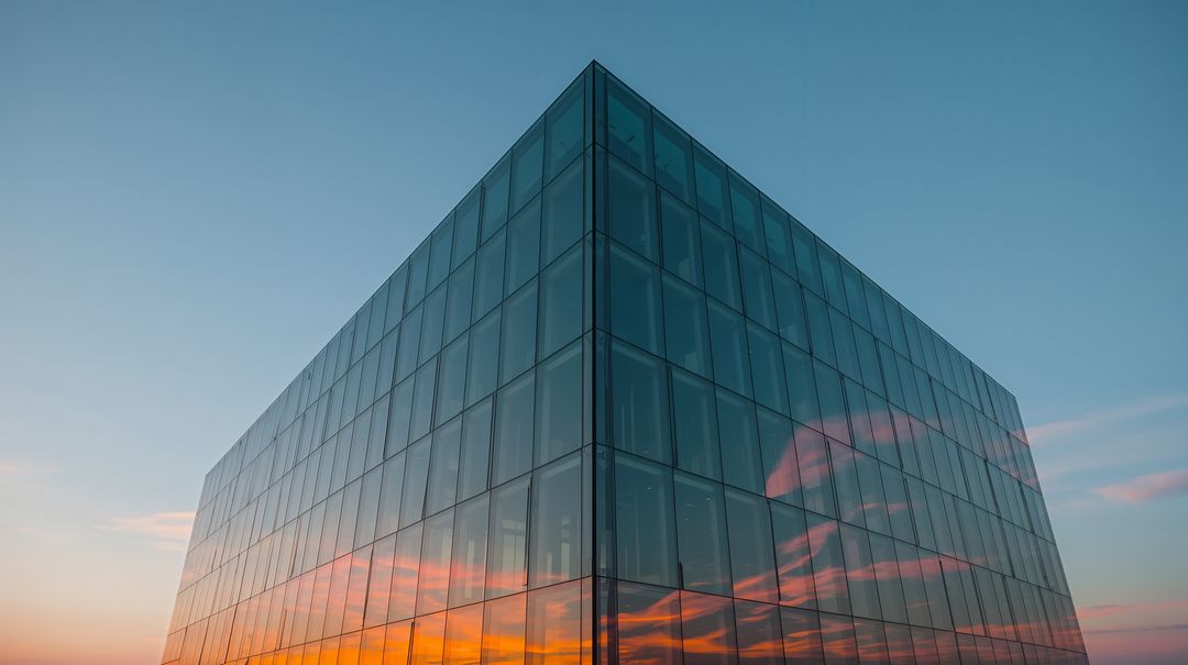 Glass Tower Reflecting Sunset Clouds with Sharp Corner and Minimalist Grid Facade