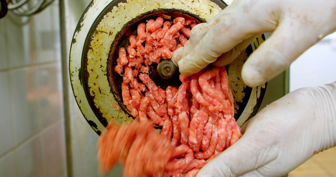 Butcher Mincing Fresh Beef with Safe Practices