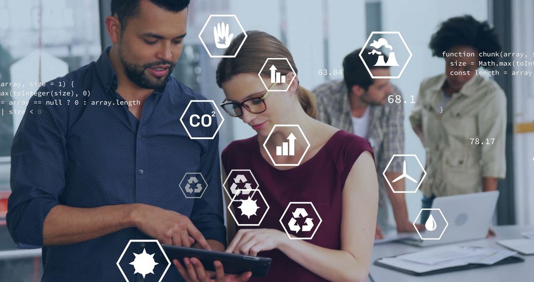 Colleagues Collaborating with Environmental Data Interface