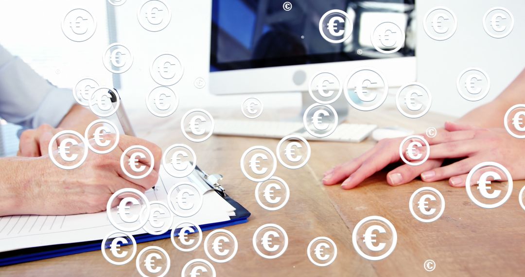 Euro Symbols Floating Over Busy Office Meeting Scene